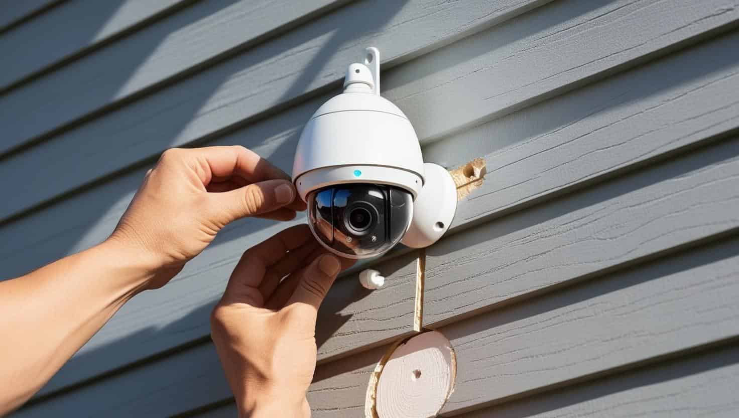 屋外のポールに小型の防犯カメラを設置している