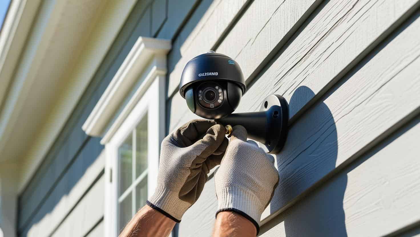 屋外のポールに小型の防犯カメラを設置している