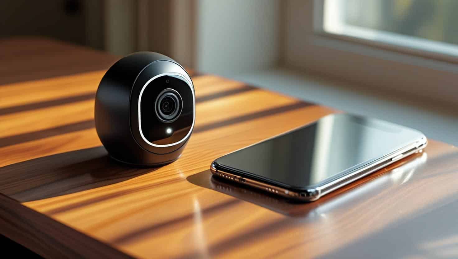 小型の防犯カメラとその横のスマートフォン