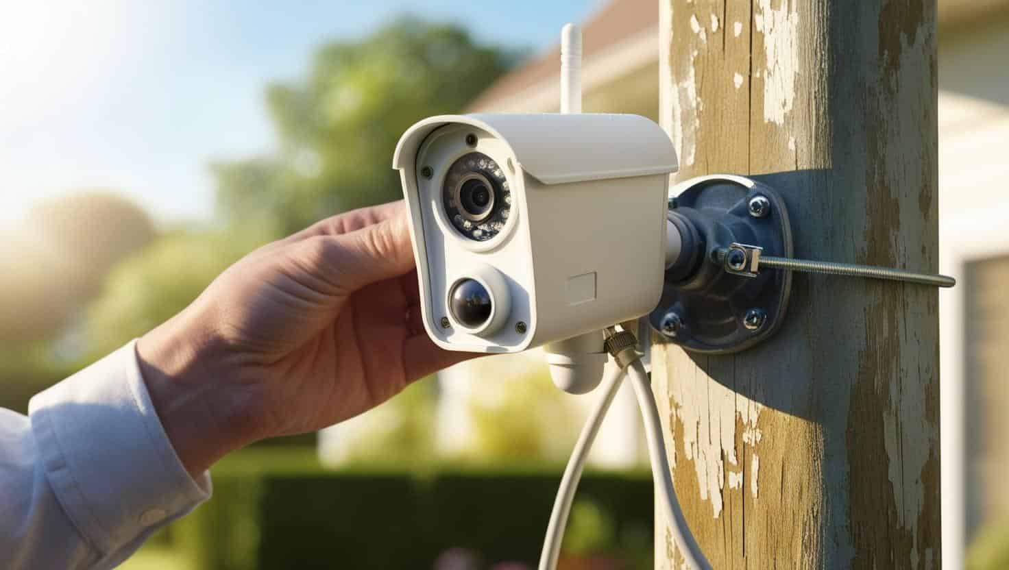 屋外のポールに小型の防犯カメラを設置している