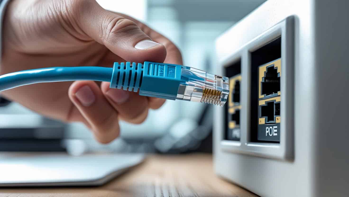 LANケーブルをPoE（Power-over-Ethernet）に刺そうとしている手
