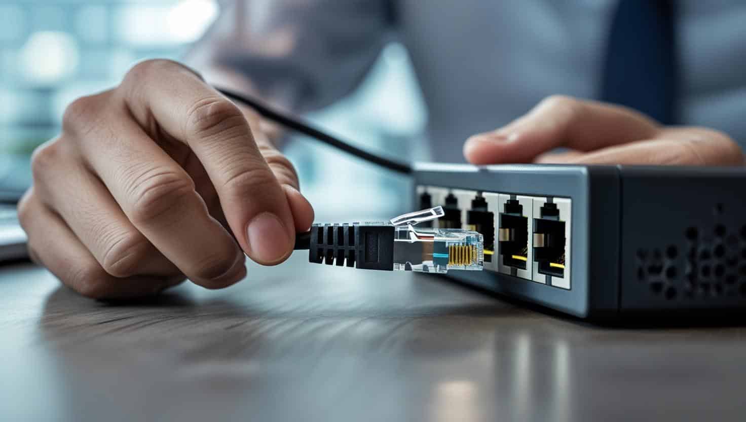 LANケーブルをPoE（Power-over-Ethernet）に刺そうとしている手